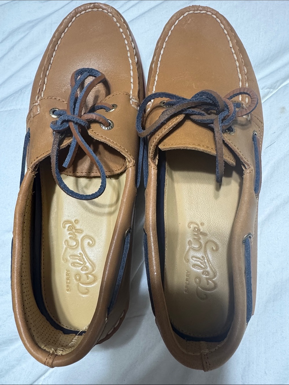 Sperry Gold Cup Brown Leather Boat Shoes with Blue Laces